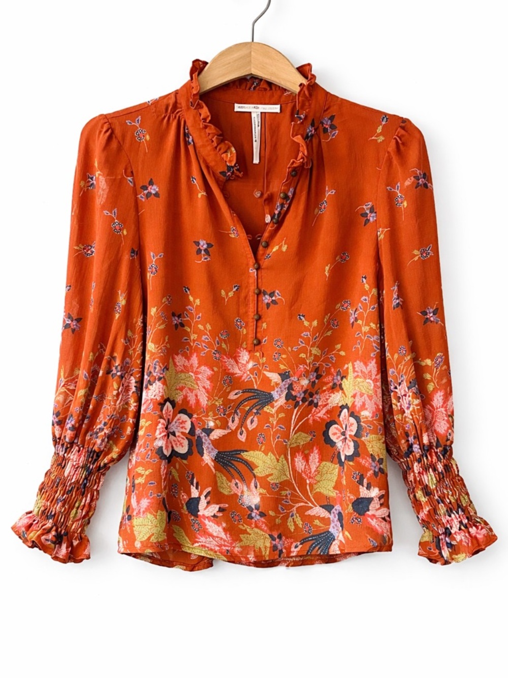 By Anthropology Burnt Orange Boho Floral Blouse Smocked Sleeve XSP Festival